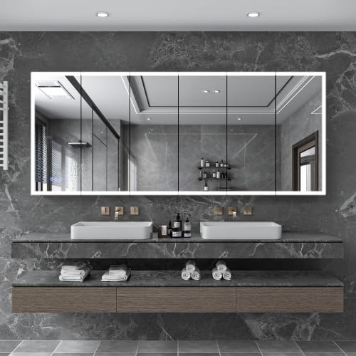 Lighted Medicine Cabinet with Mirror, Front & Backlit led Medicine Cabinet, Clock Temp Display, Defog,10x Magnifier, 3 Colors Temper Dimmable, Surface or Recessed Mount