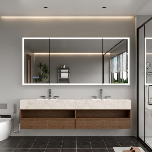 Lighted Medicine Cabinet with Mirror, Front & Backlit led Medicine Cabinet, Clock Temp Display, Defog,10x Magnifier, 3 Colors Temper Dimmable, Surface or Recessed Mount