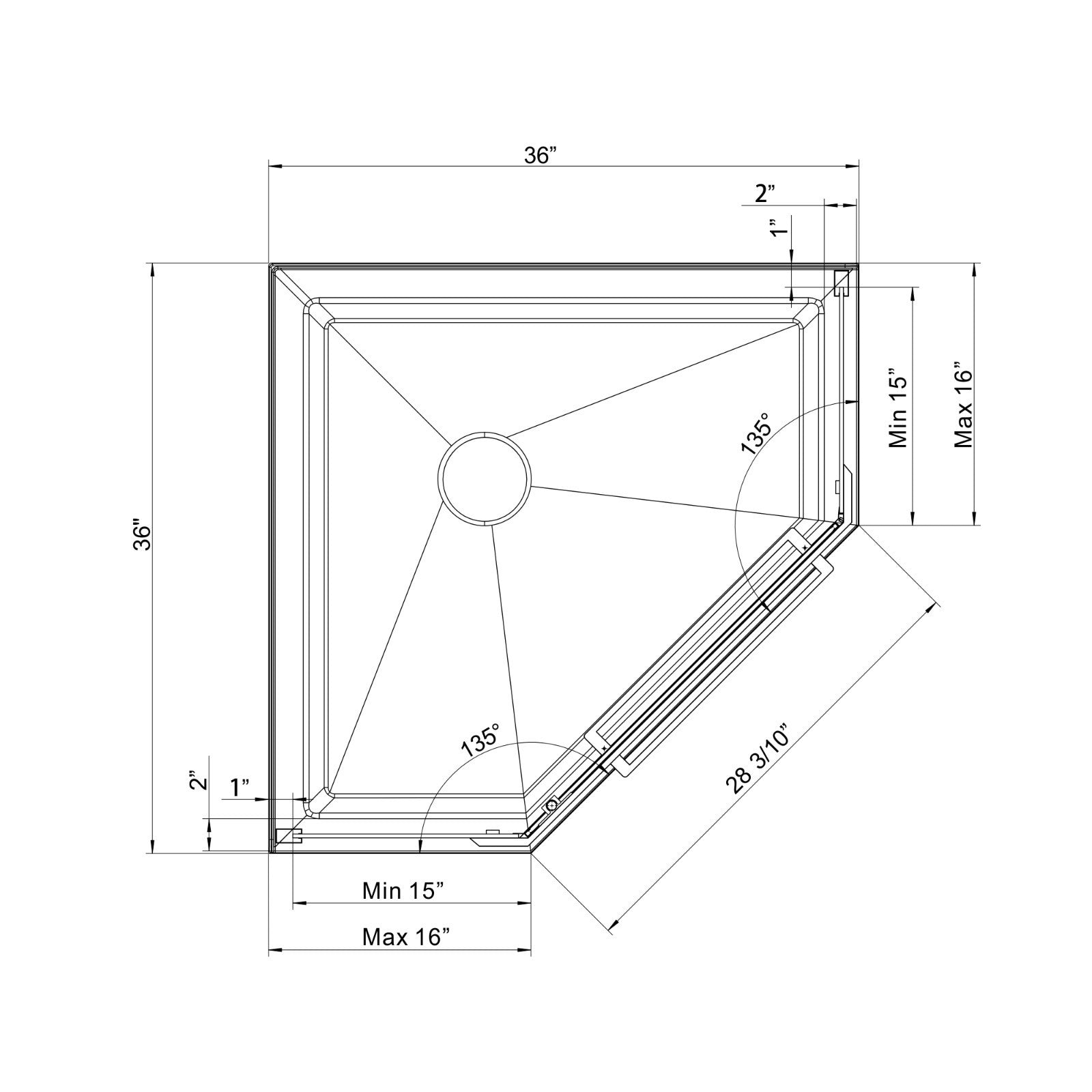 36"D x 36"W x 3.4"H Black Neo - Angle Corner Drain Shower Base, No Drain Kit