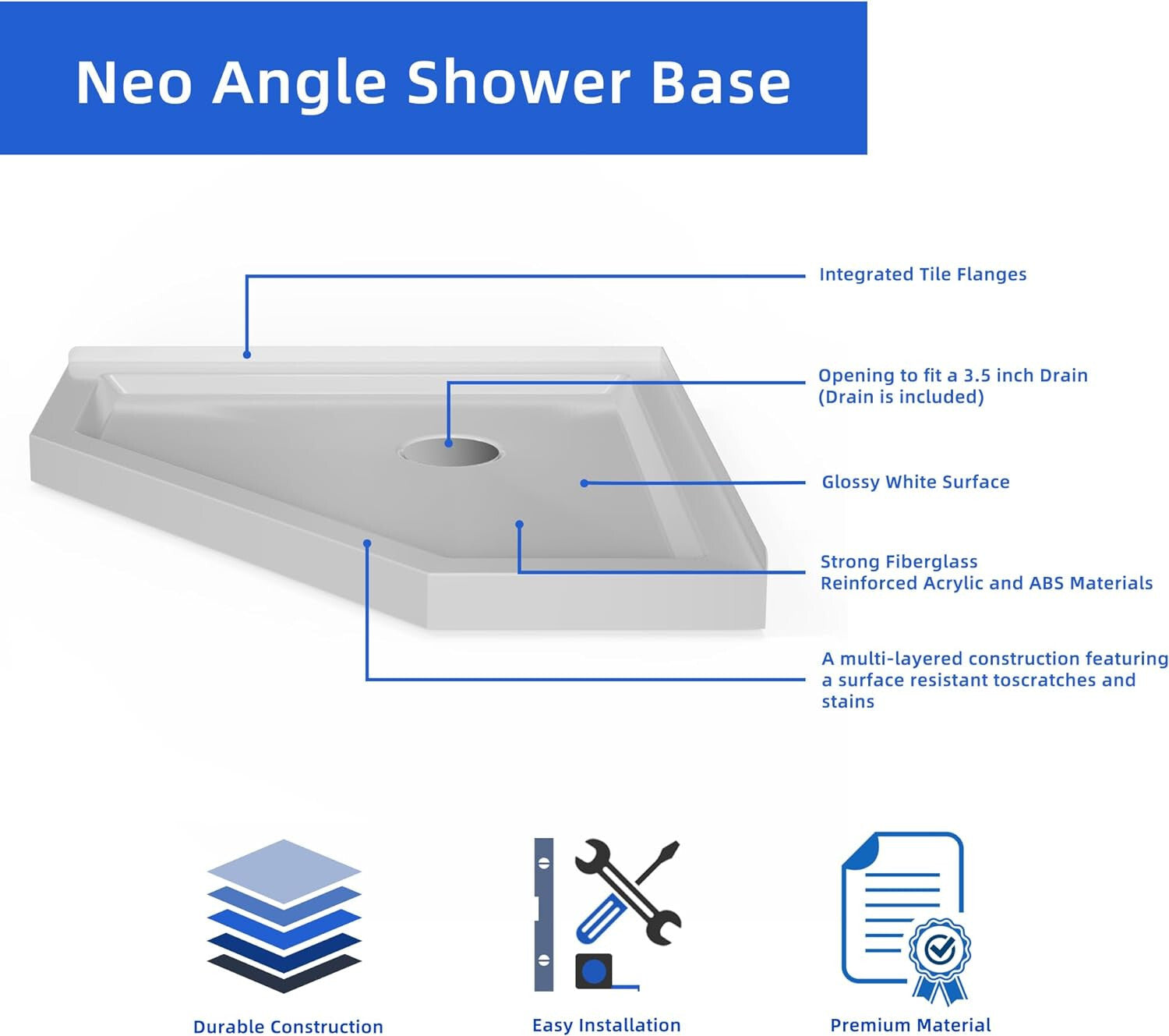 36"x36" Corner Shower Pan Base Neo-Angle Center Drain, No Drainage Set