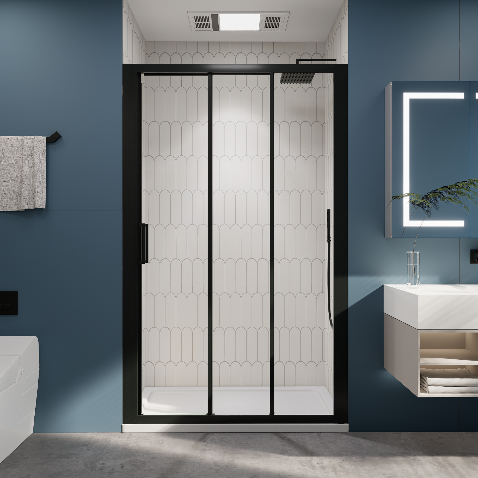 （44"-48"） x70" Tri-fold Sliding Shower Door, Matte Black, 6mm Tempered Glass
