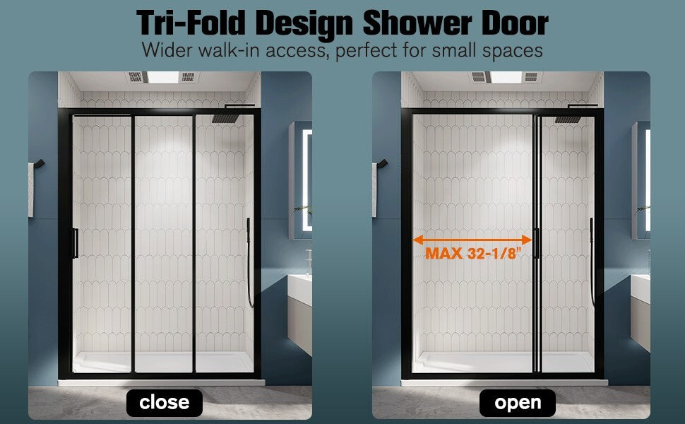 （56"-60") x70"  Tri-fold Sliding Shower Door, Matte Black, 6mm Tempered Glass