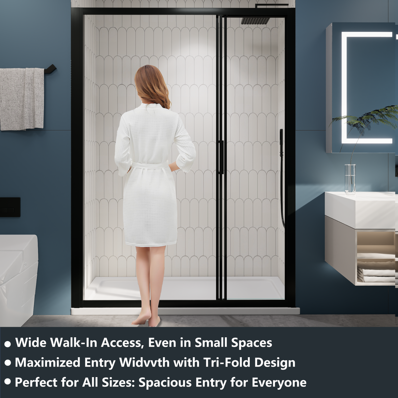 （56"-60") x70"  Tri-fold Sliding Shower Door, Matte Black, 6mm Tempered Glass