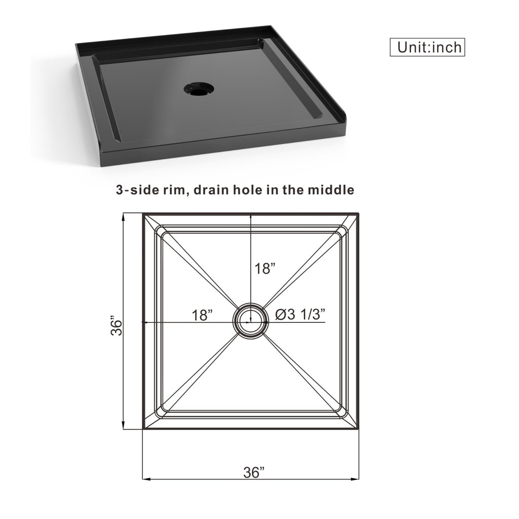 36'' Square Shower Base Black ABS, high-gloss,Centered Drain, without  drain set