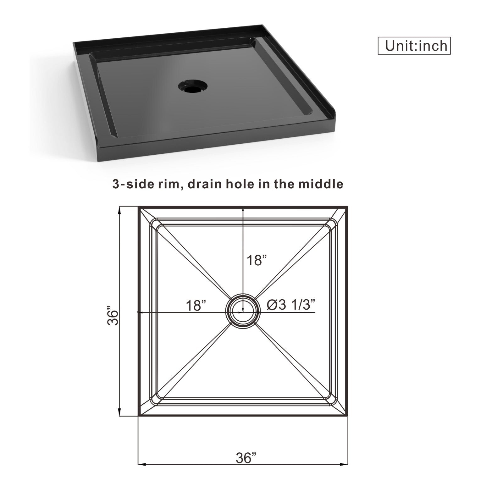36'' Square Shower Base Black ABS, high-gloss,Centered Drain, without  drain set