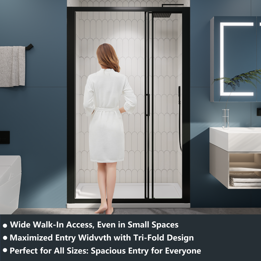 （44"-48"） x70" Tri-fold Sliding Shower Door, Matte Black, 6mm Tempered Glass