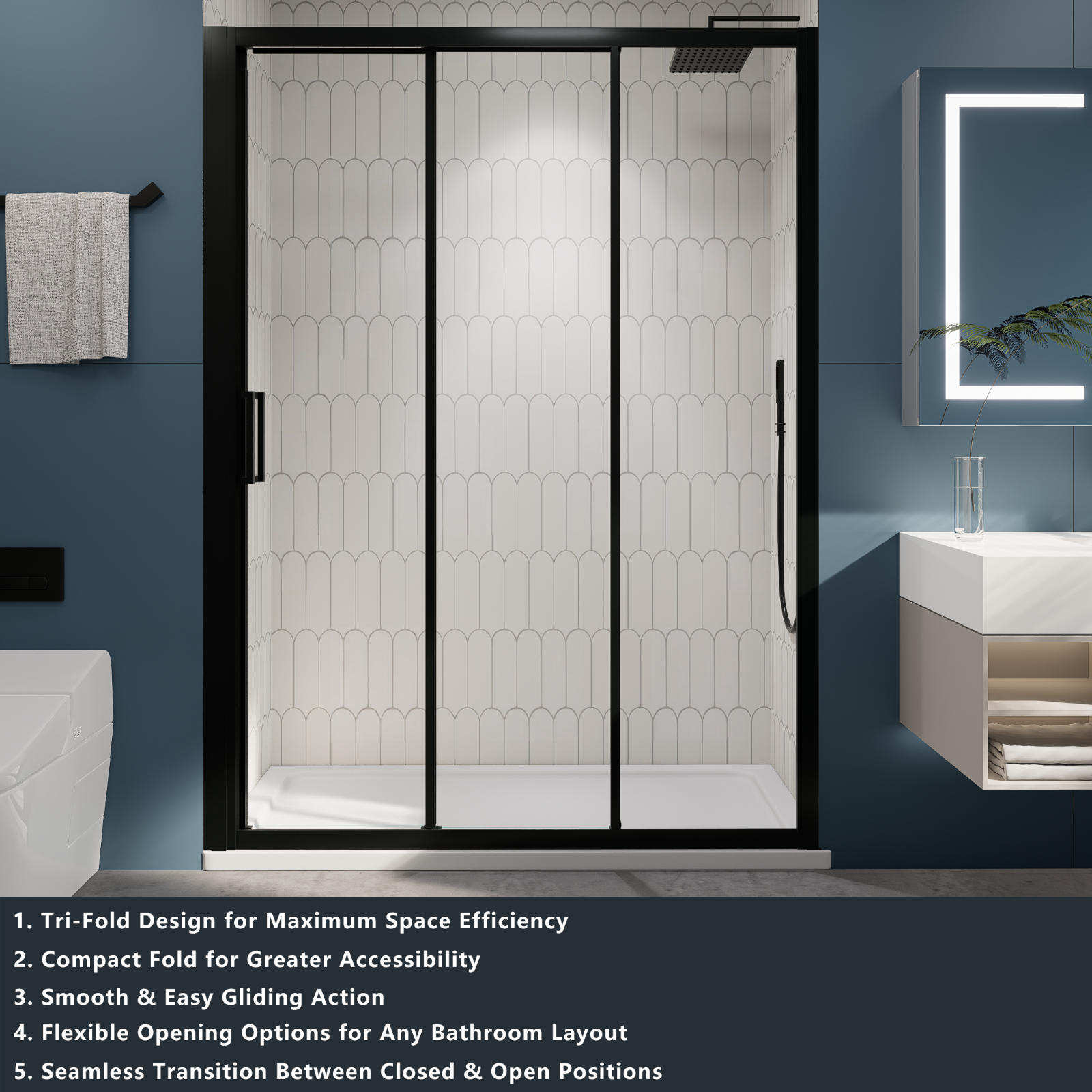 （56"-60") x70"  Tri-fold Sliding Shower Door, Matte Black, 6mm Tempered Glass