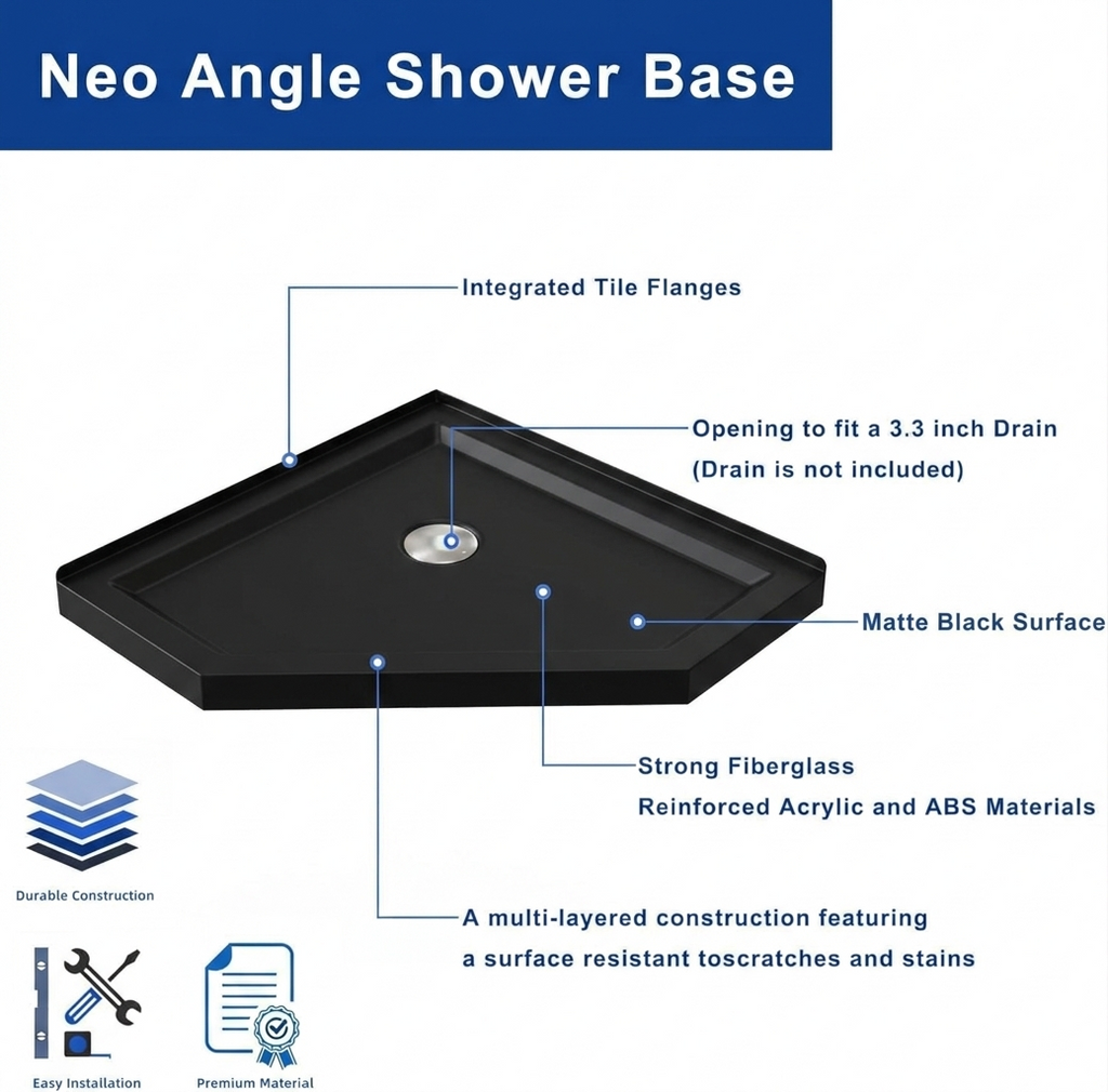 36"D x 36"W x 3.4"H Black Neo - Angle Corner Drain Shower Base, No Drain Kit