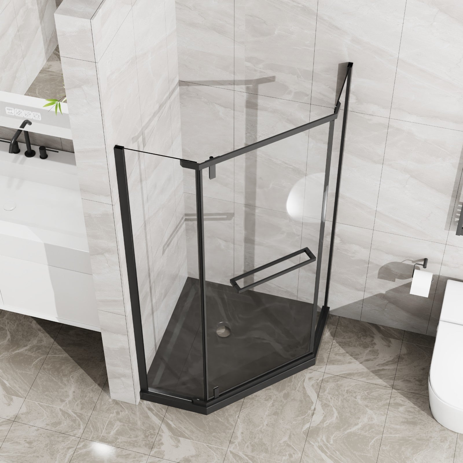 36"D x 36"W x 3.4"H Black Neo - Angle Corner Drain Shower Base, No Drain Kit