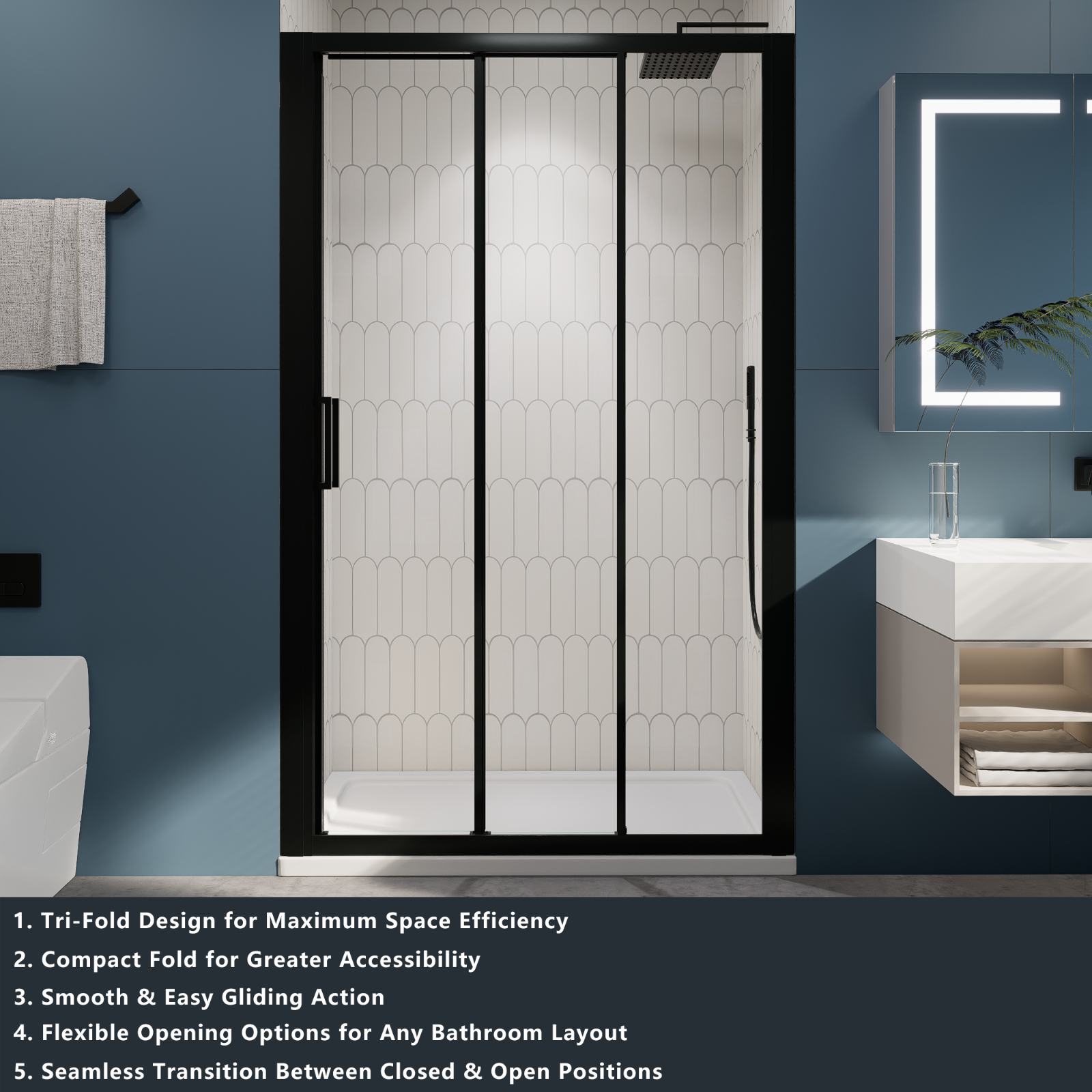 （44"-48"） x70" Tri-fold Sliding Shower Door, Matte Black, 6mm Tempered Glass