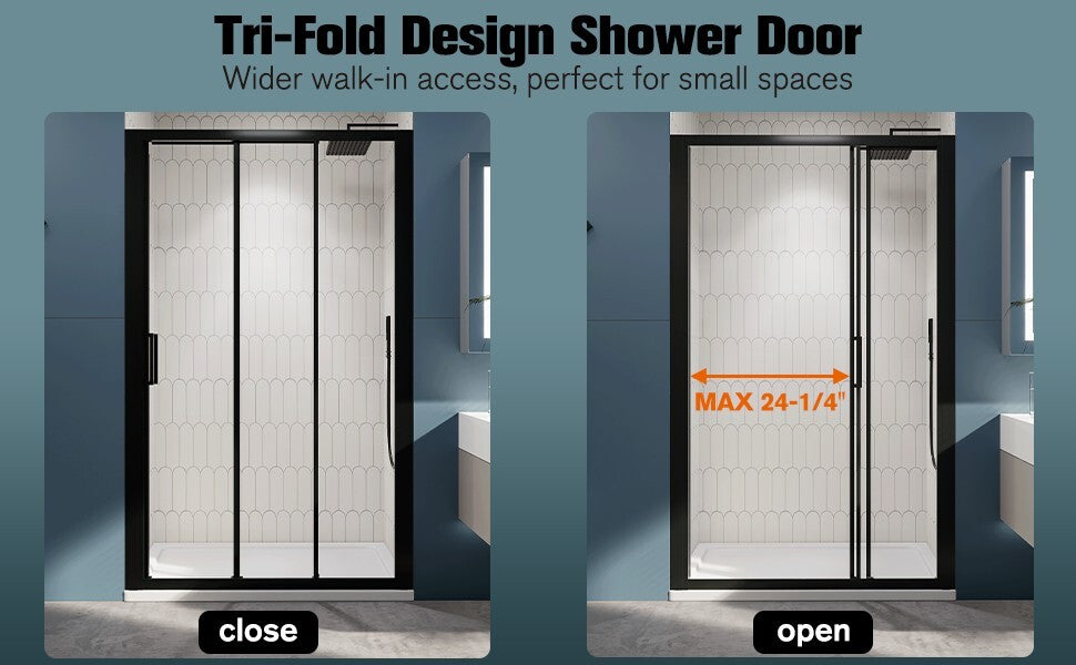 （44"-48"） x70" Tri-fold Sliding Shower Door, Matte Black, 6mm Tempered Glass