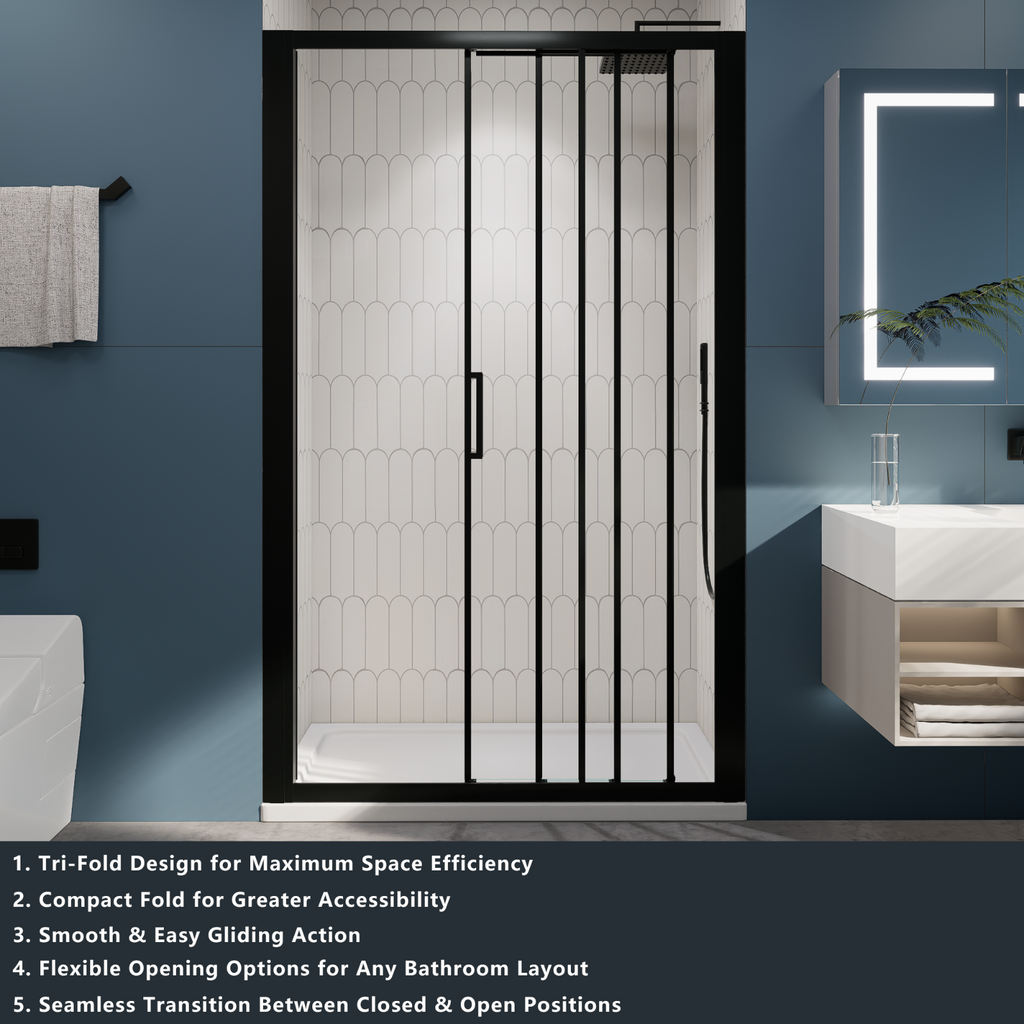 （44"-48"） x70" Tri-fold Sliding Shower Door, Matte Black, 6mm Tempered Glass