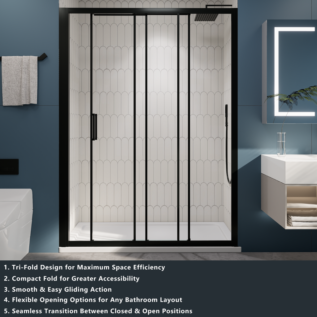 （56"-60") x70"  Tri-fold Sliding Shower Door, Matte Black, 6mm Tempered Glass