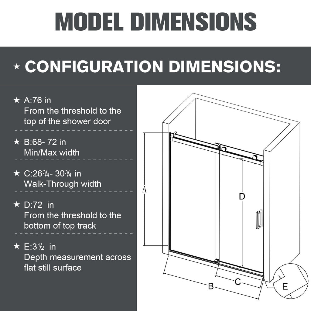68-72"W*76"H Frameless Single Sliding Soft-Close Shower Doors 3/8"Tempered Glass