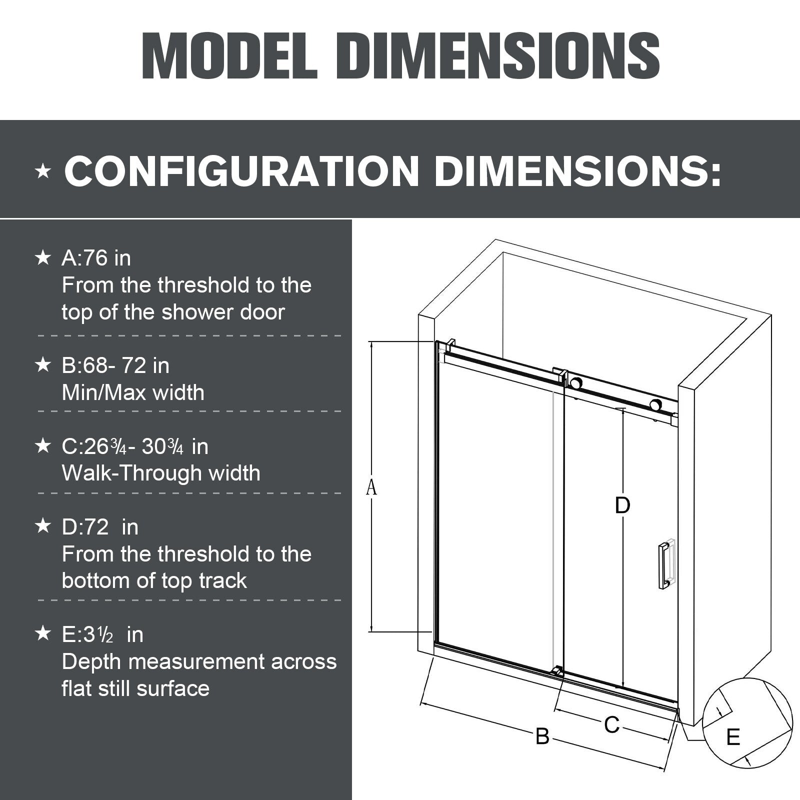 68-72"W*76"H Frameless Single Sliding Soft-Close Shower Doors 3/8"Tempered Glass