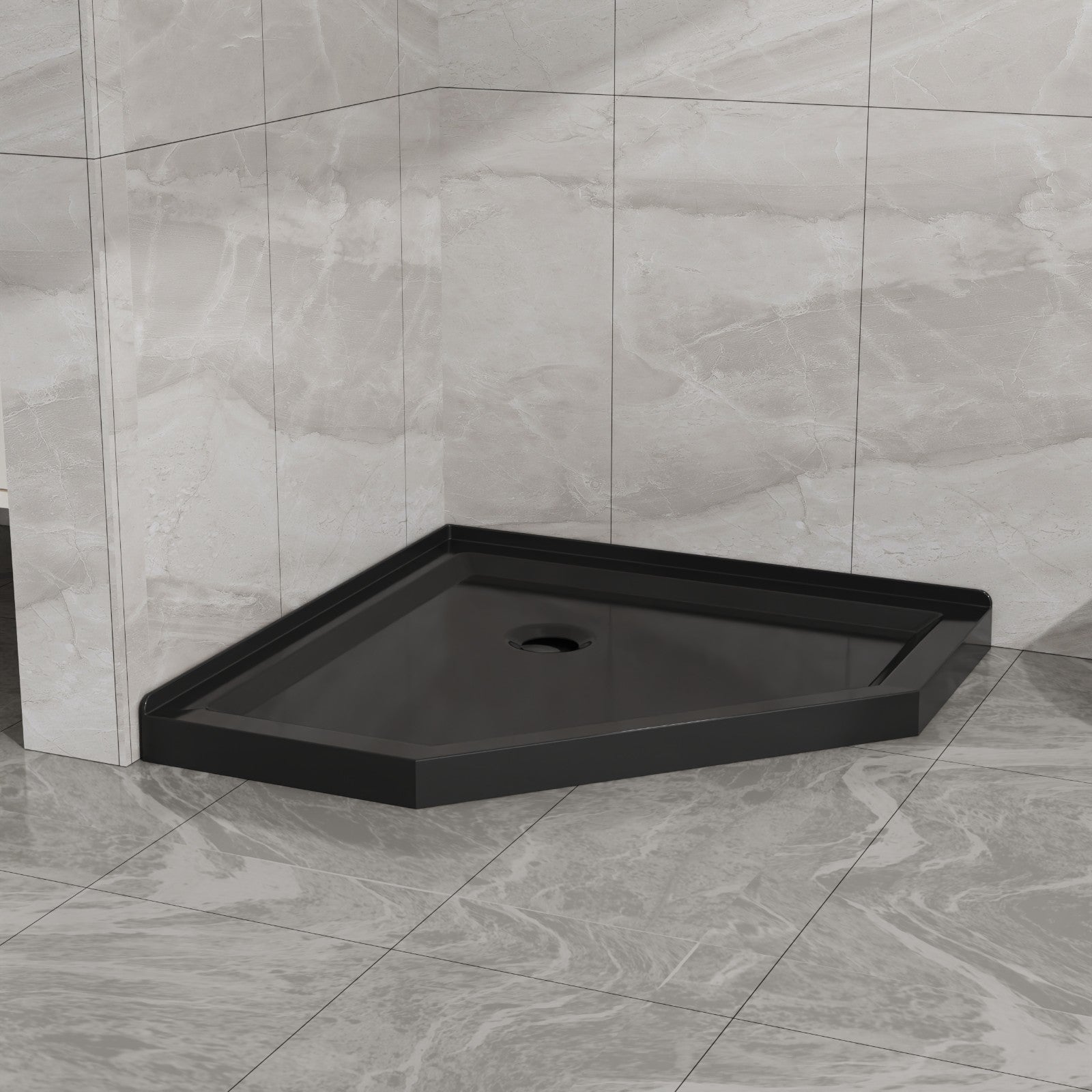 36"D x 36"W x 3.4"H Black Neo - Angle Corner Drain Shower Base, No Drain Kit