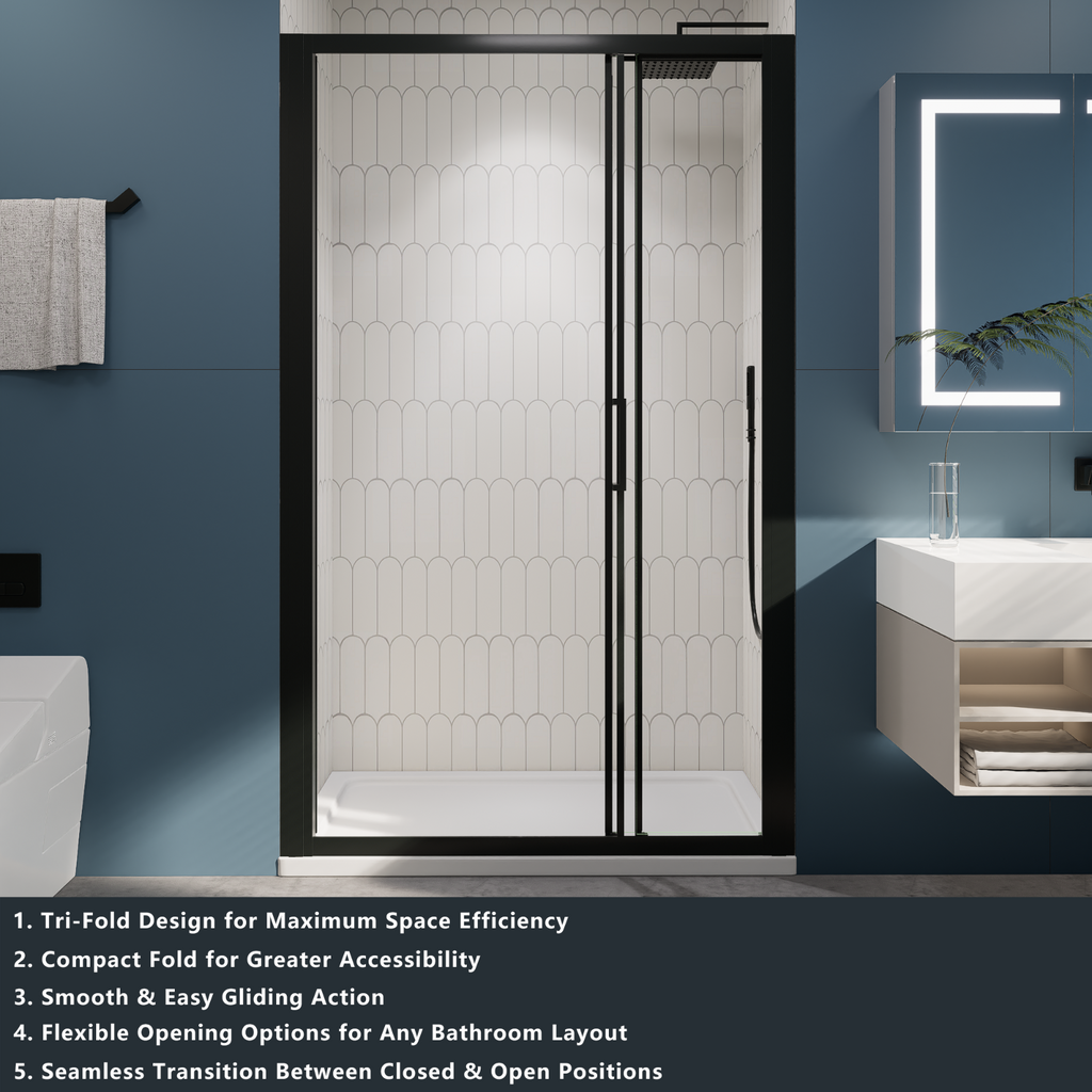 （44"-48"） x70" Tri-fold Sliding Shower Door, Matte Black, 6mm Tempered Glass