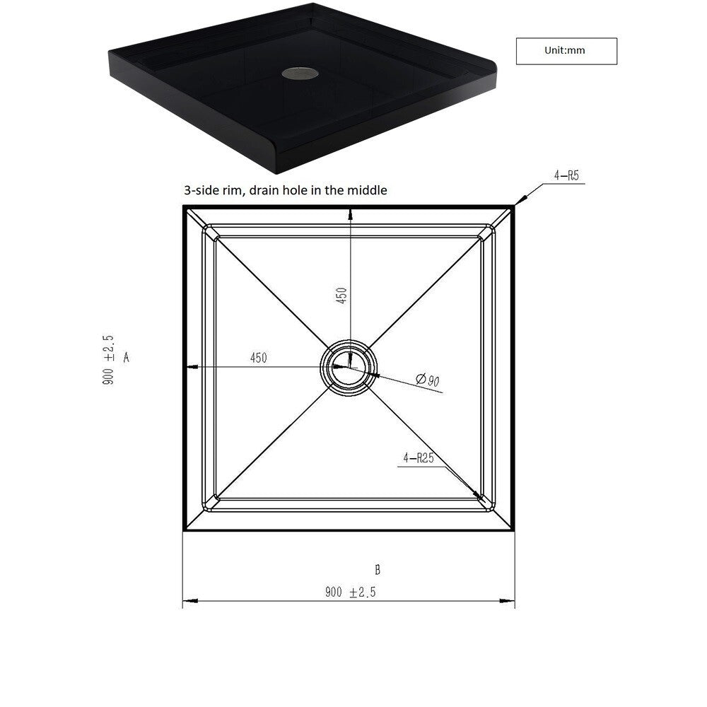 36'' Square Shower Base Black ABS, high-gloss,Centered Drain, without  drain set