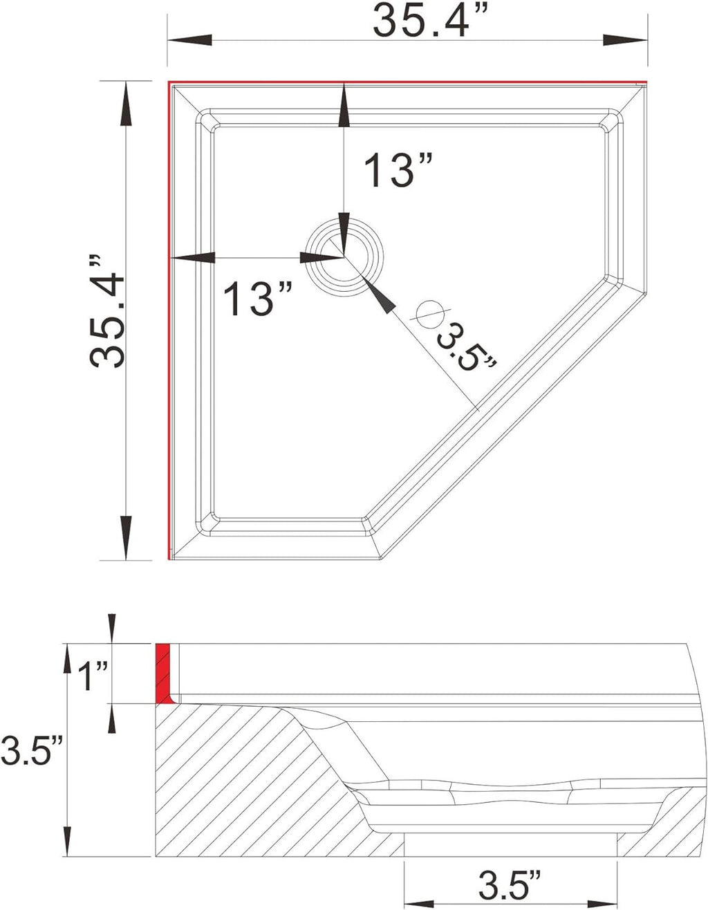 36"x36" Corner Shower Pan Base Neo-Angle Center Drain, No Drainage Set