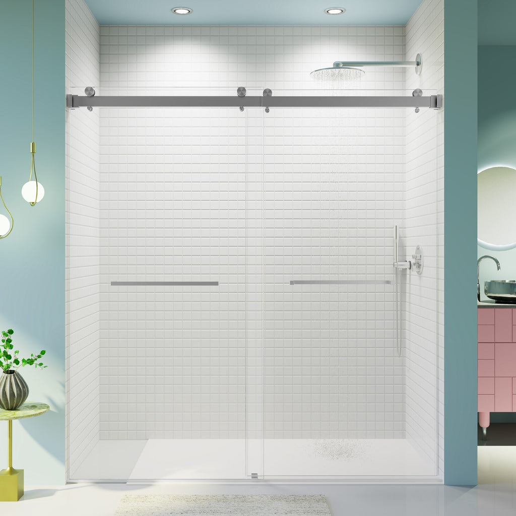 68-72x76" Frameless Double Slide Shower Door 3/8" Tempered Glass Brushed Nickel