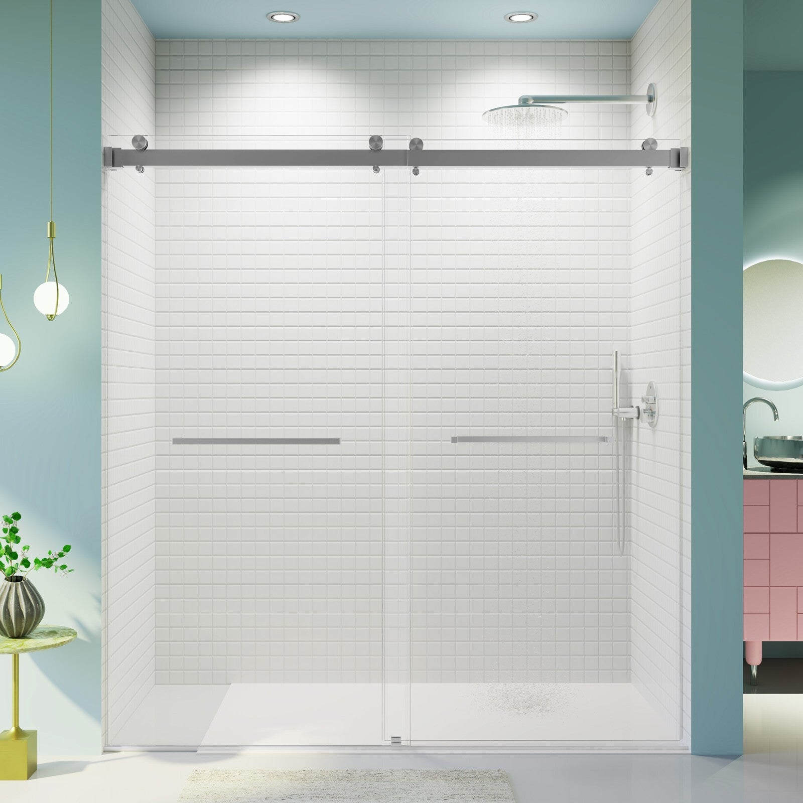 68-72x76" Frameless Double Slide Shower Door 3/8" Tempered Glass Brushed Nickel