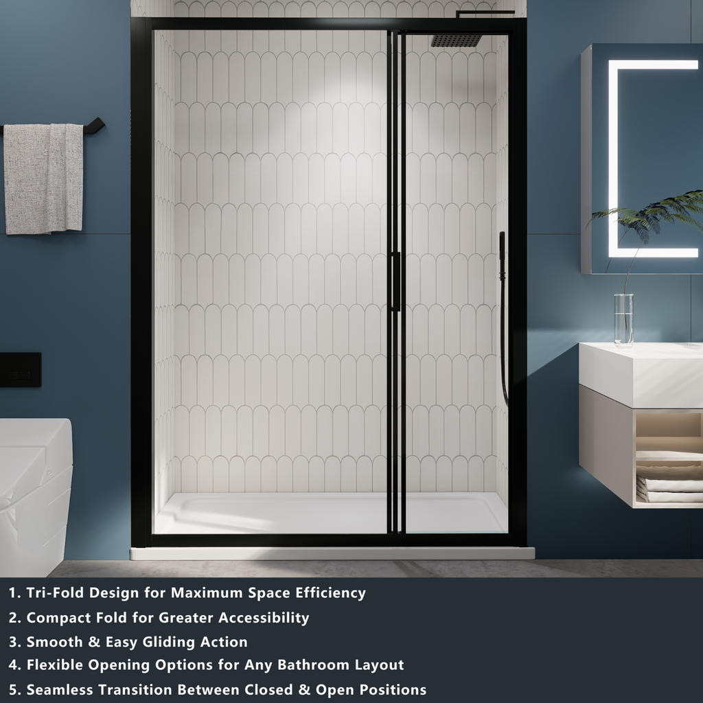（56"-60") x70"  Tri-fold Sliding Shower Door, Matte Black, 6mm Tempered Glass