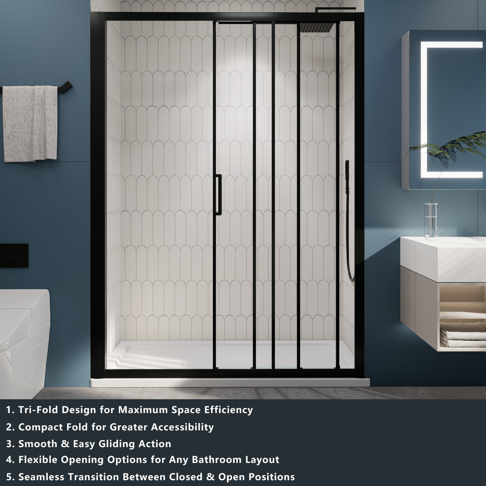 （56"-60") x70"  Tri-fold Sliding Shower Door, Matte Black, 6mm Tempered Glass