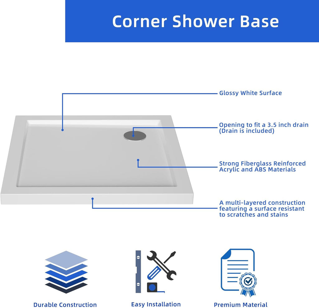 Square Acrylic Shower Base 32in. D x 32 in. W  Corner Shower Pan