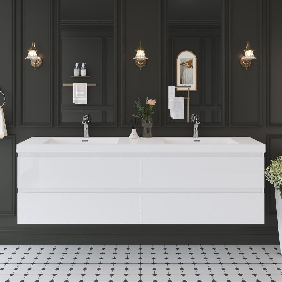Floating Bathroom Vanity with Sink, Large Storage Wall Mounted Floating Vanity with Soft Close Drawers, One-Piece Basin Bathroom Sink Cabinet