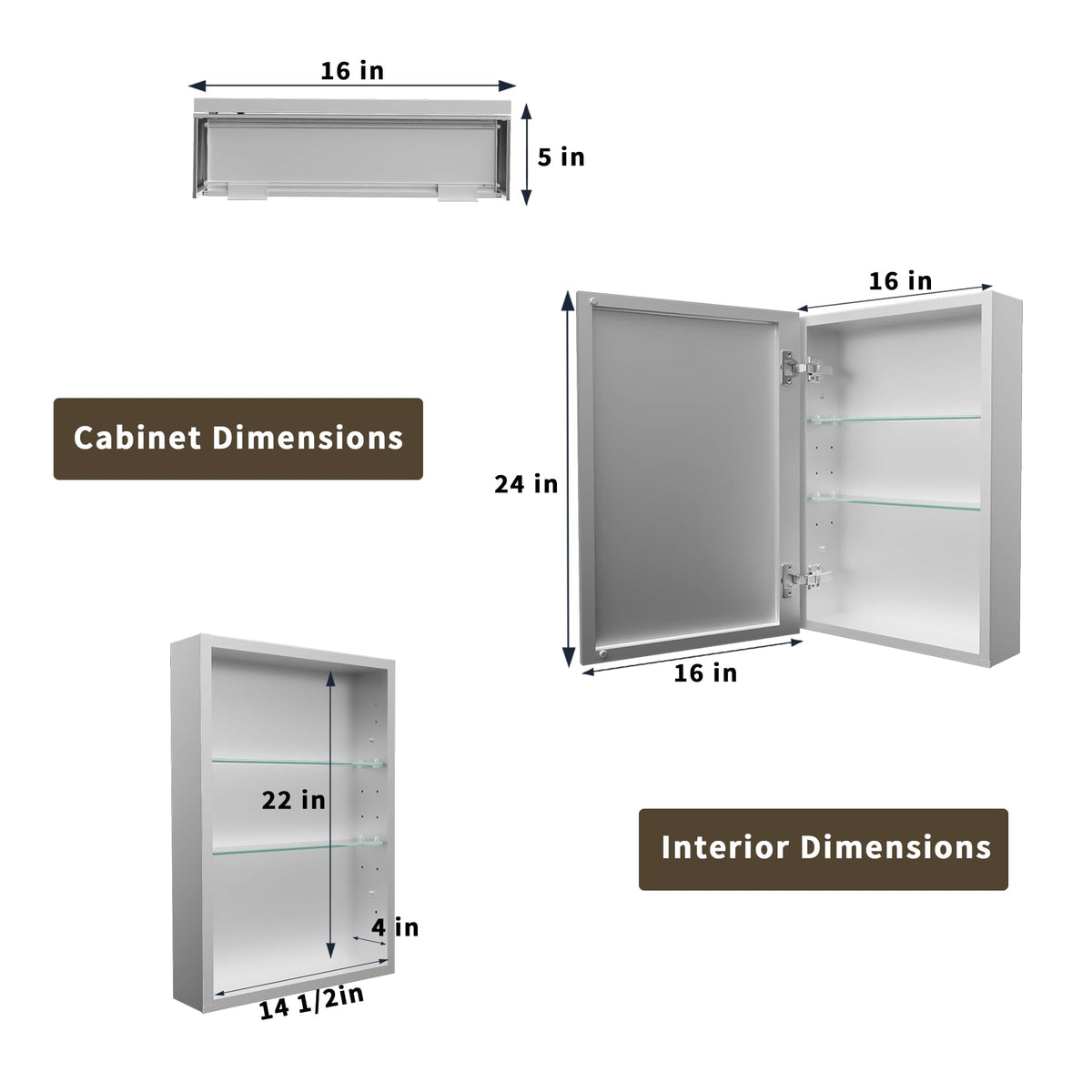 Lighted Medicine Cabinet with Mirror, Front & Backlit led Medicine Cabinet, Clock Temp Display, Defog,10x Magnifier, 3 Colors Temper Dimmable, Surface or Recessed Mount