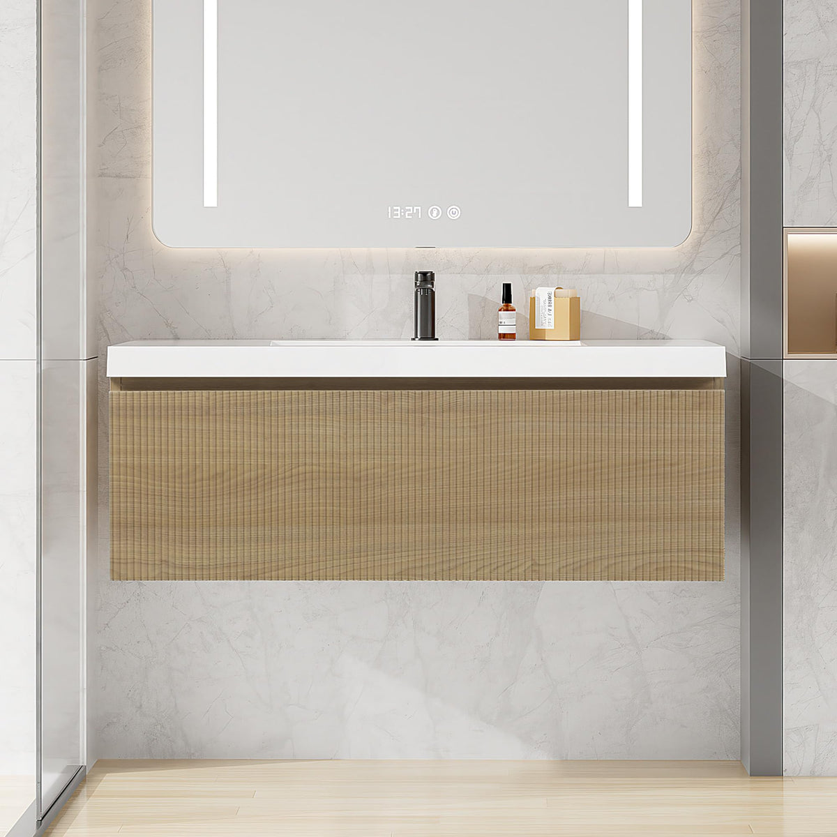 Floating Bathroom Vanity with Sink, Large Storage Wall Mounted Floating Vanity with Soft Close Drawers, One-Piece Basin Bathroom Sink Cabinet
