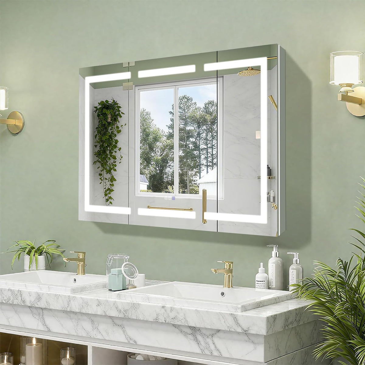 Lighted Medicine Cabinet with Mirror, Front & Backlit led Medicine Cabinet, Clock Temp Display, Defog,10x Magnifier, 3 Colors Temper Dimmable, Surface or Recessed Mount