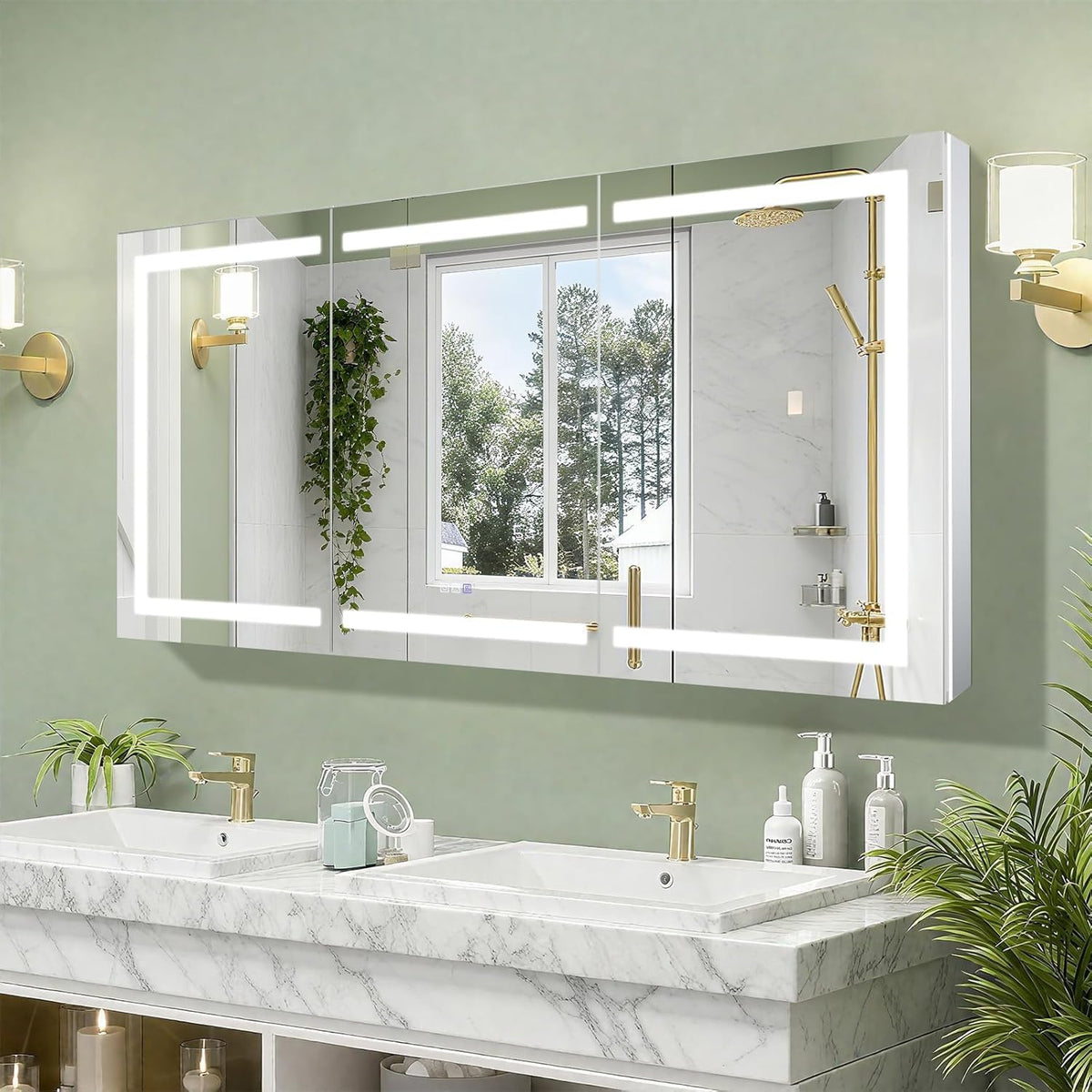 Lighted Medicine Cabinet with Mirror, Front & Backlit led Medicine Cabinet, Clock Temp Display, Defog,10x Magnifier, 3 Colors Temper Dimmable, Surface or Recessed Mount