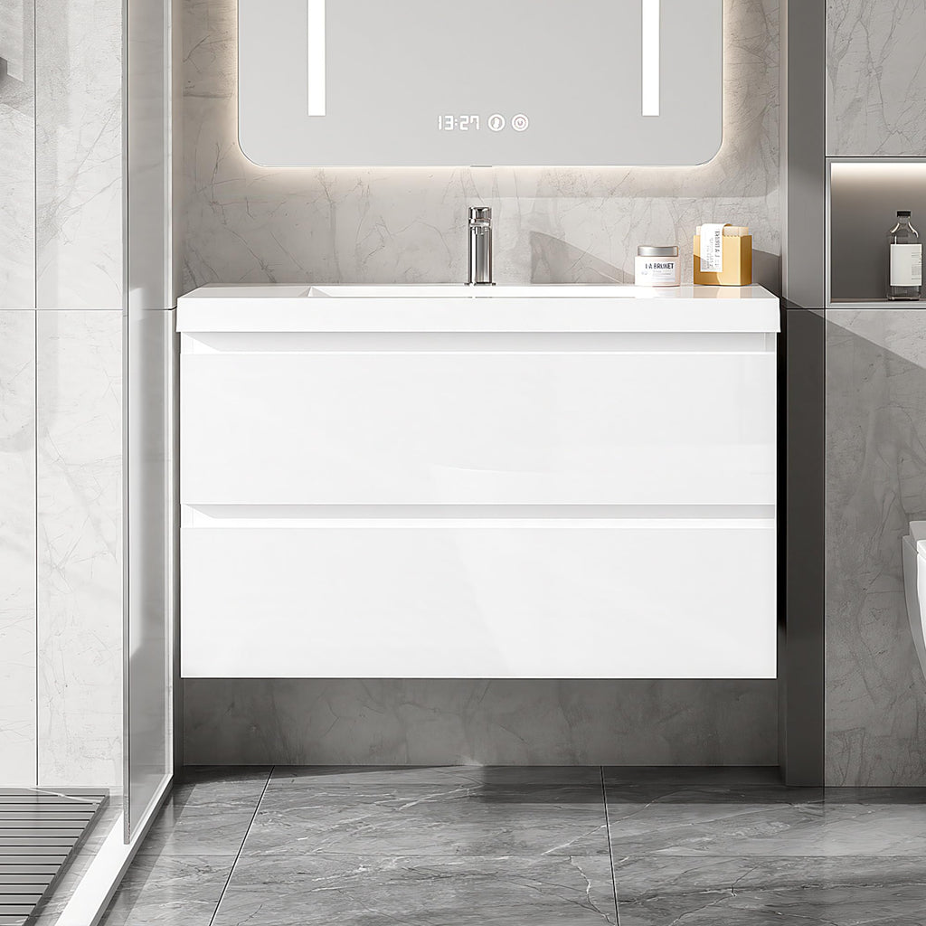Floating Bathroom Vanity with Sink, Large Storage Wall Mounted Floating Vanity with Soft Close Drawers, One-Piece Basin Bathroom Sink Cabinet