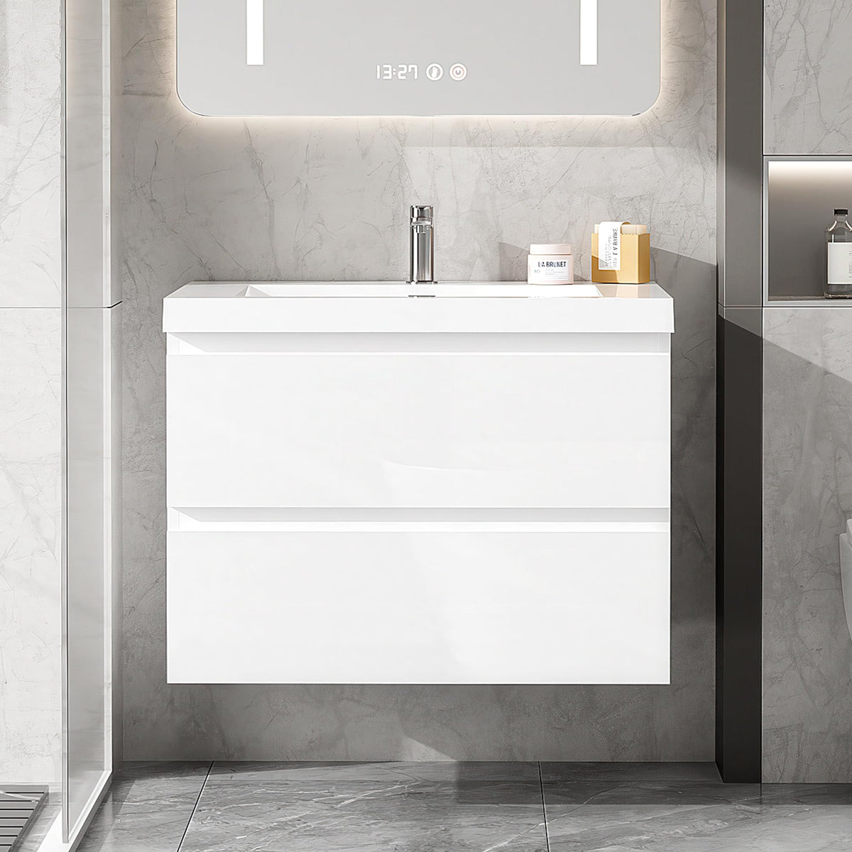 Floating Bathroom Vanity with Sink, Large Storage Wall Mounted Floating Vanity with Soft Close Drawers, One-Piece Basin Bathroom Sink Cabinet