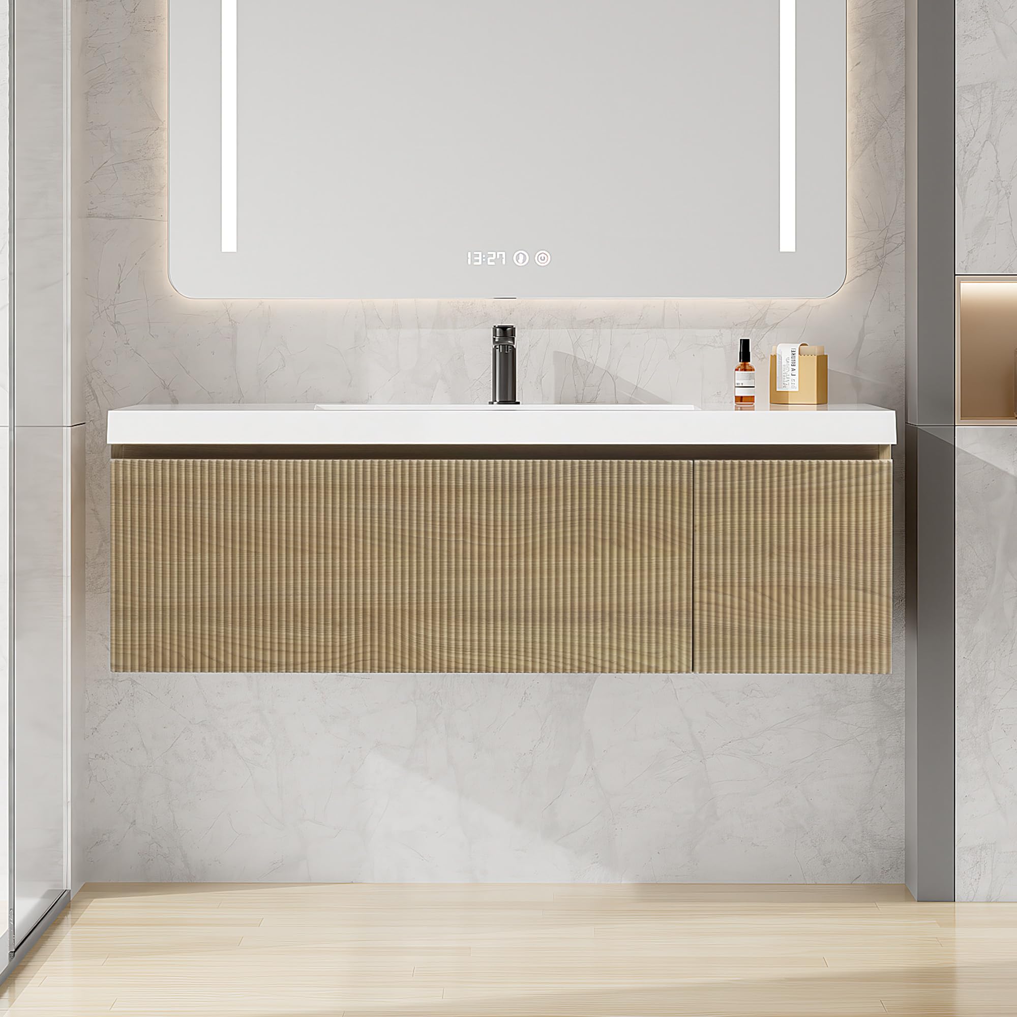 Floating Bathroom Vanity with Sink, Large Storage Wall Mounted Floating Vanity with Soft Close Drawers, One-Piece Basin Bathroom Sink Cabinet