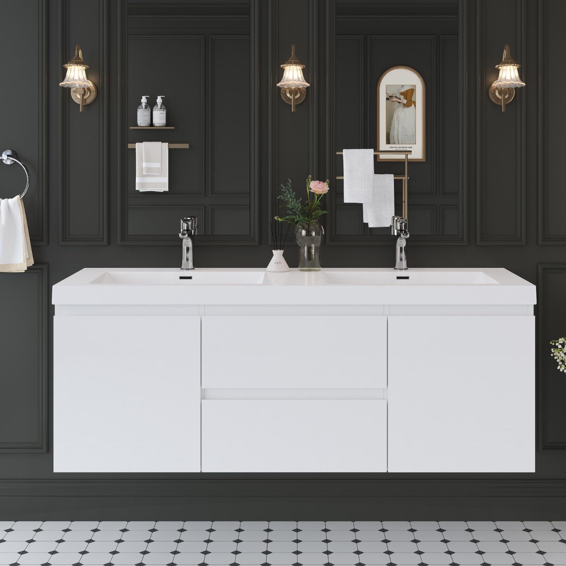 Floating Bathroom Vanity with Sink, Large Storage Wall Mounted Floating Vanity with Soft Close Drawers, One-Piece Basin Bathroom Sink Cabinet