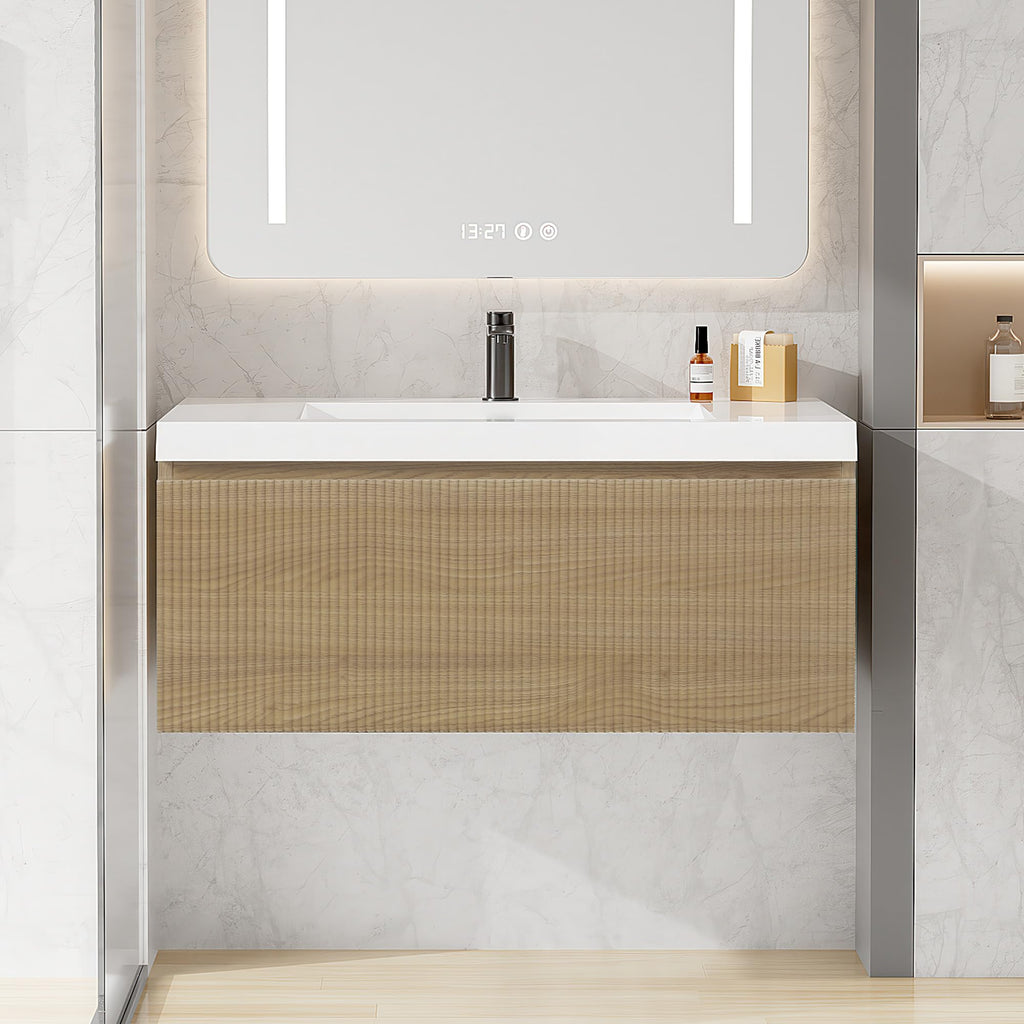 Floating Bathroom Vanity with Sink, Large Storage Wall Mounted Floating Vanity with Soft Close Drawers, One-Piece Basin Bathroom Sink Cabinet