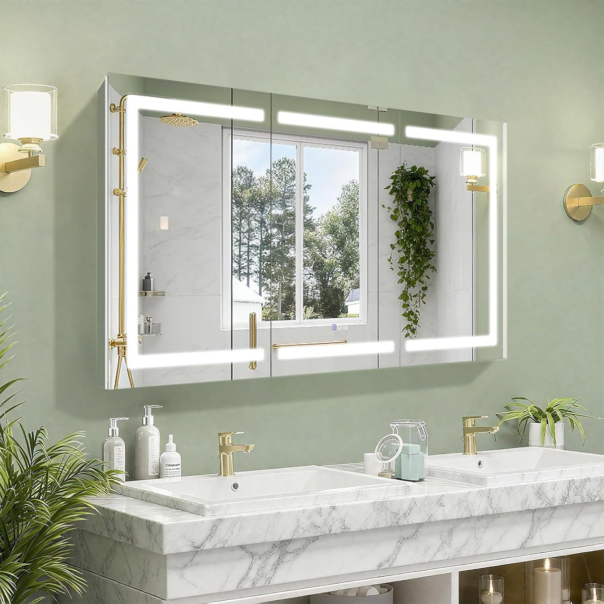 Lighted Medicine Cabinet with Mirror, Front & Backlit led Medicine Cabinet, Clock Temp Display, Defog,10x Magnifier, 3 Colors Temper Dimmable, Surface or Recessed Mount