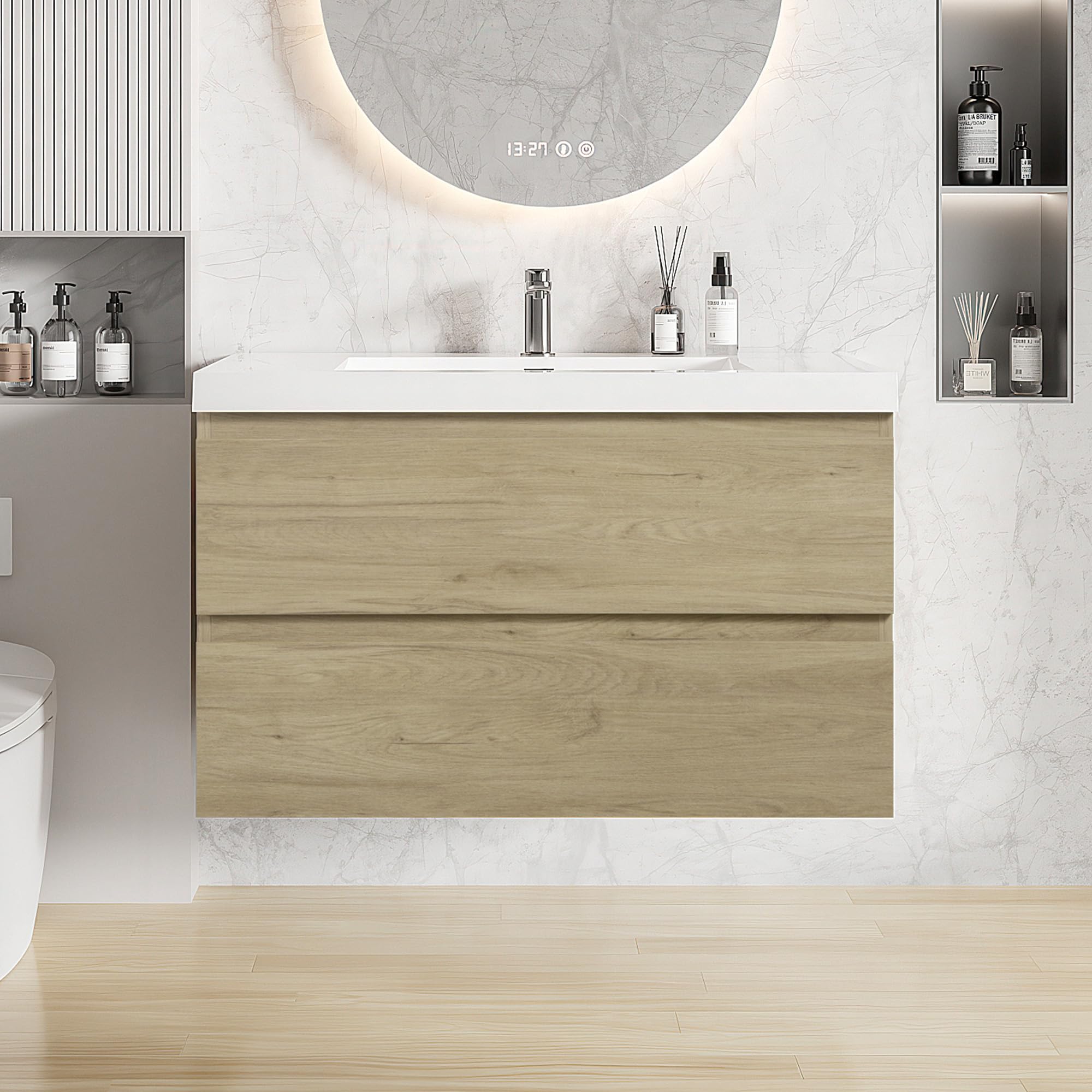 Floating Bathroom Vanity with Sink, Large Storage Wall Mounted Floating Vanity with Soft Close Drawers, One-Piece Basin Bathroom Sink Cabinet