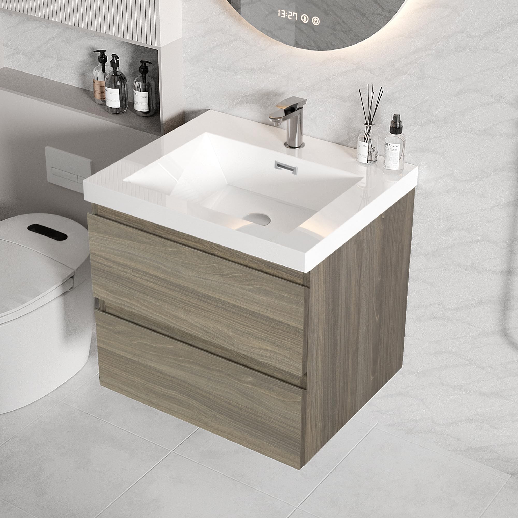 Floating Bathroom Vanity with Sink, Large Storage Wall Mounted Floating Vanity with Soft Close Drawers, One-Piece Basin Bathroom Sink Cabinet