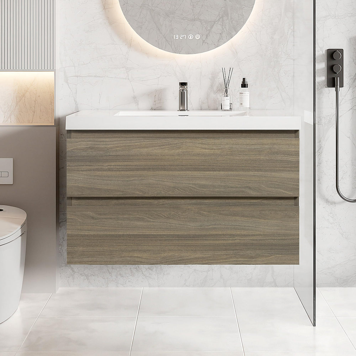 Floating Bathroom Vanity with Sink, Large Storage Wall Mounted Floating Vanity with Soft Close Drawers, One-Piece Basin Bathroom Sink Cabinet