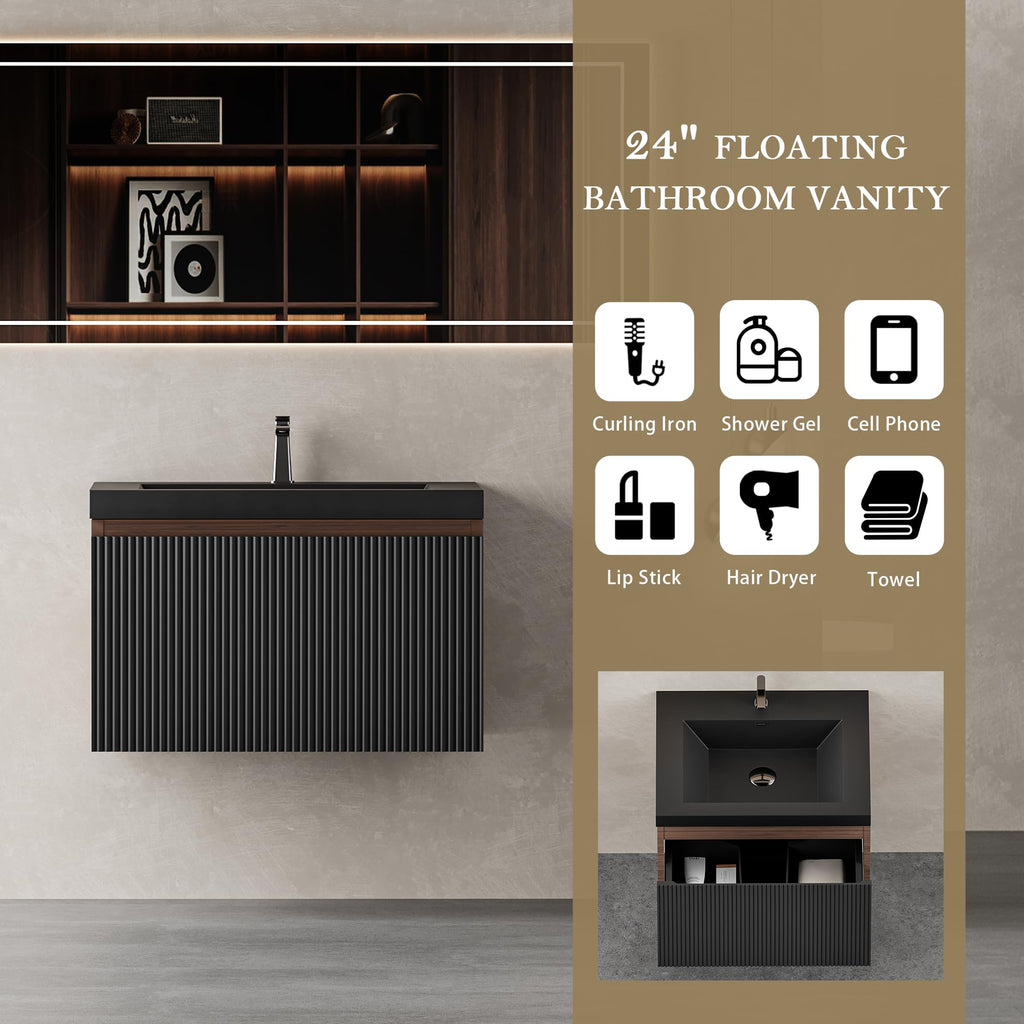 Floating Bathroom Vanity with Sink, Large Storage Wall Mounted Floating Vanity with Soft Close Drawers, One-Piece Basin Bathroom Sink Cabinet