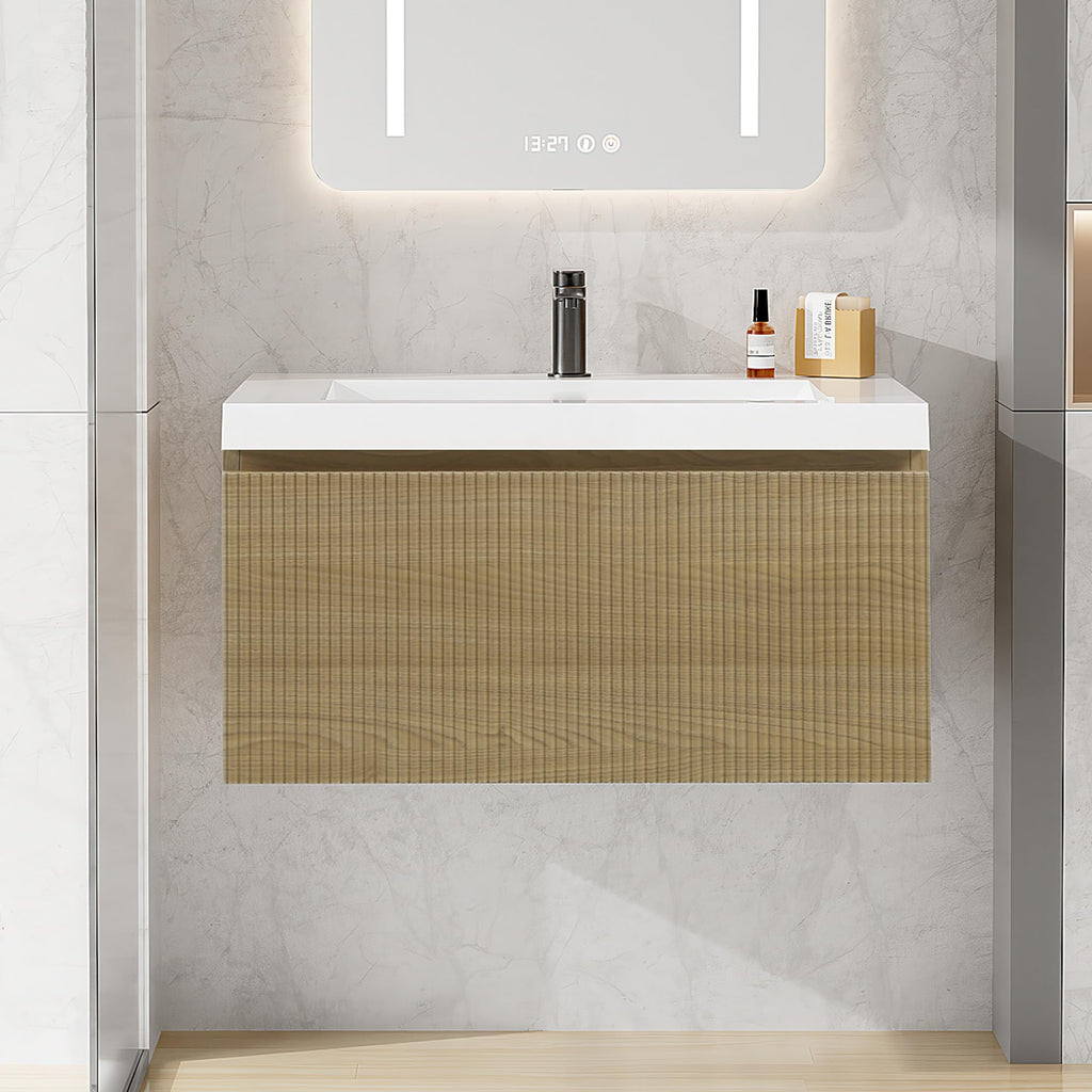 Floating Bathroom Vanity with Sink, Large Storage Wall Mounted Floating Vanity with Soft Close Drawers, One-Piece Basin Bathroom Sink Cabinet