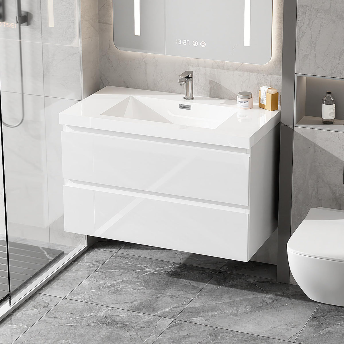 Floating Bathroom Vanity with Sink, Wall Mounted Floating Vanity with Soft Close Drawers, Large Storage Bathroom Vanity with One-Piece Smooth Sink, Fully Assembled