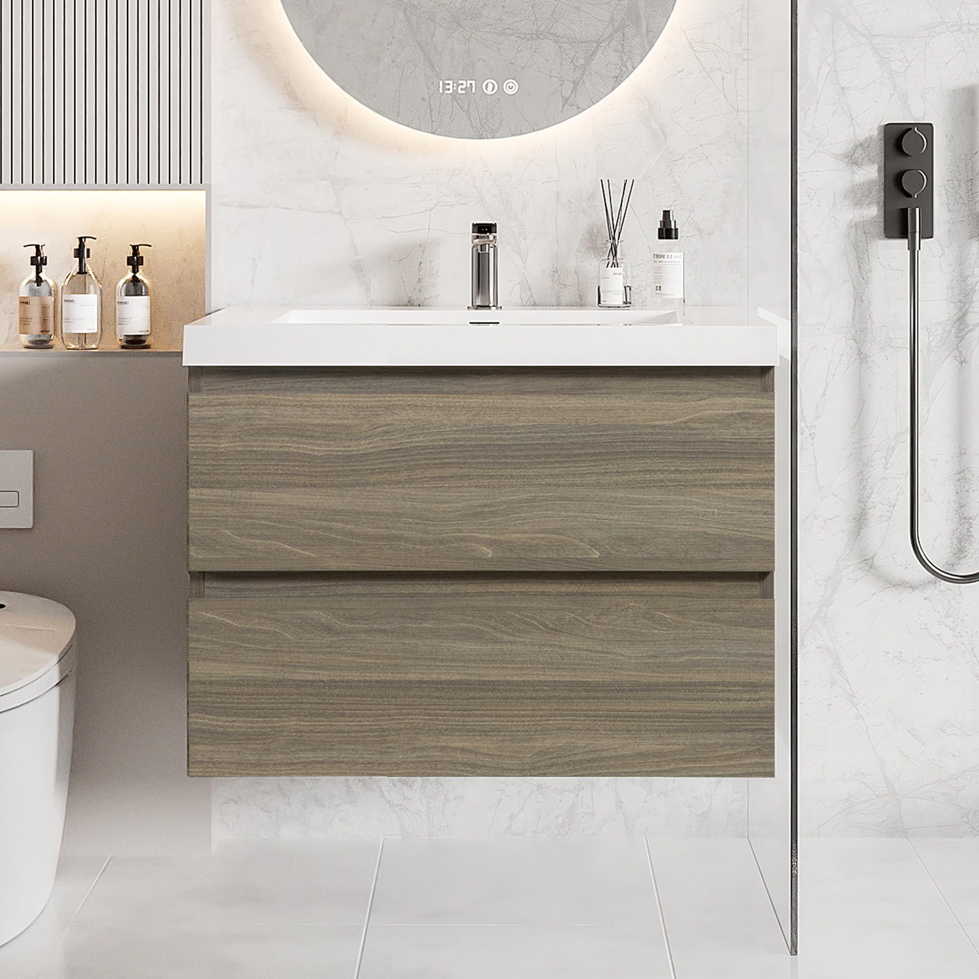 Floating Bathroom Vanity with Sink, Large Storage Wall Mounted Floating Vanity with Soft Close Drawers, One-Piece Basin Bathroom Sink Cabinet