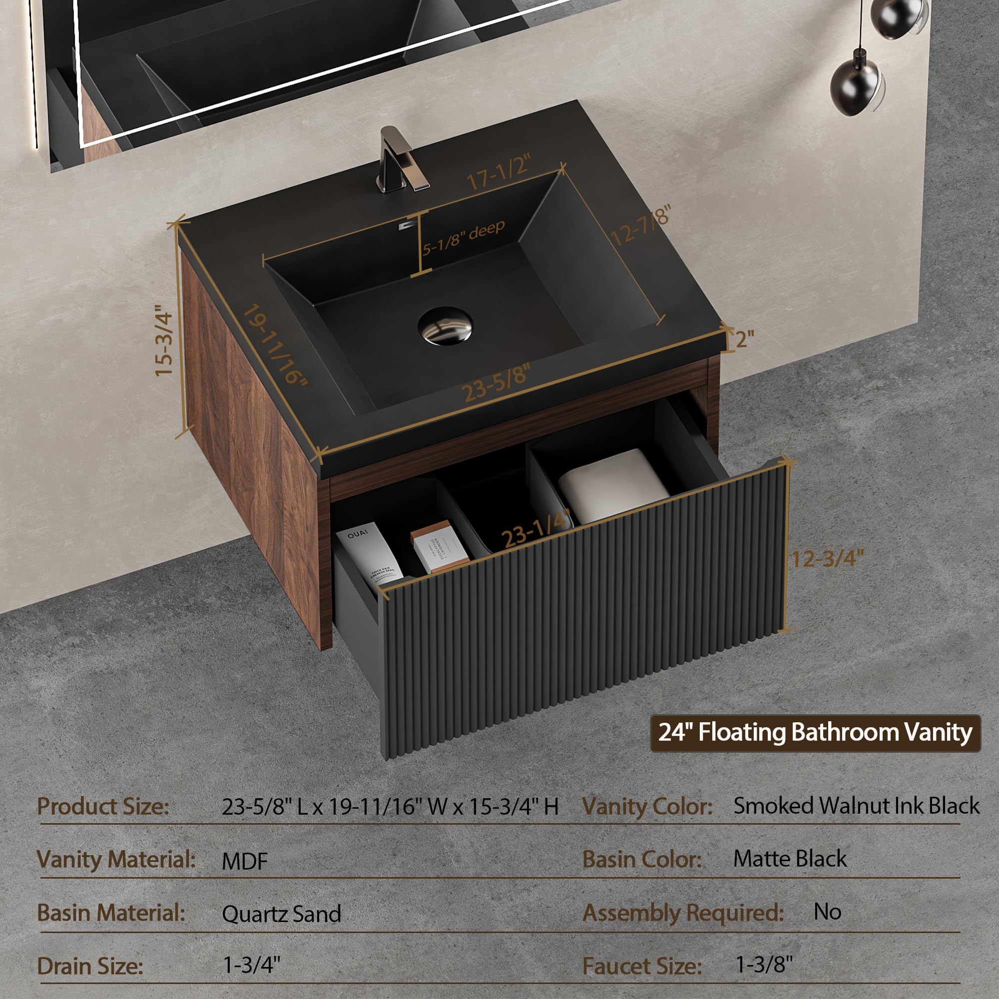 Floating Bathroom Vanity with Sink, Large Storage Wall Mounted Floating Vanity with Soft Close Drawers, One-Piece Basin Bathroom Sink Cabinet