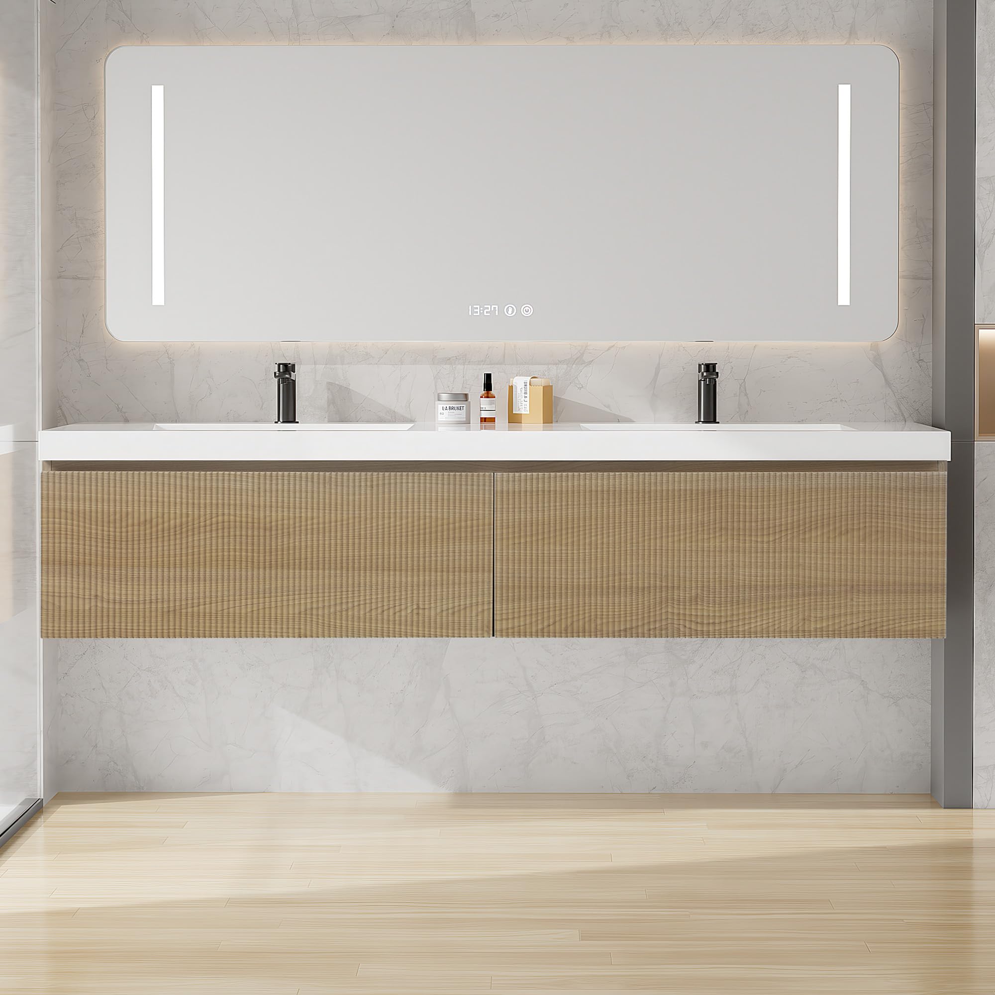 Floating Bathroom Vanity with Sink, Large Storage Wall Mounted Floating Vanity with Soft Close Drawers, One-Piece Basin Bathroom Sink Cabinet