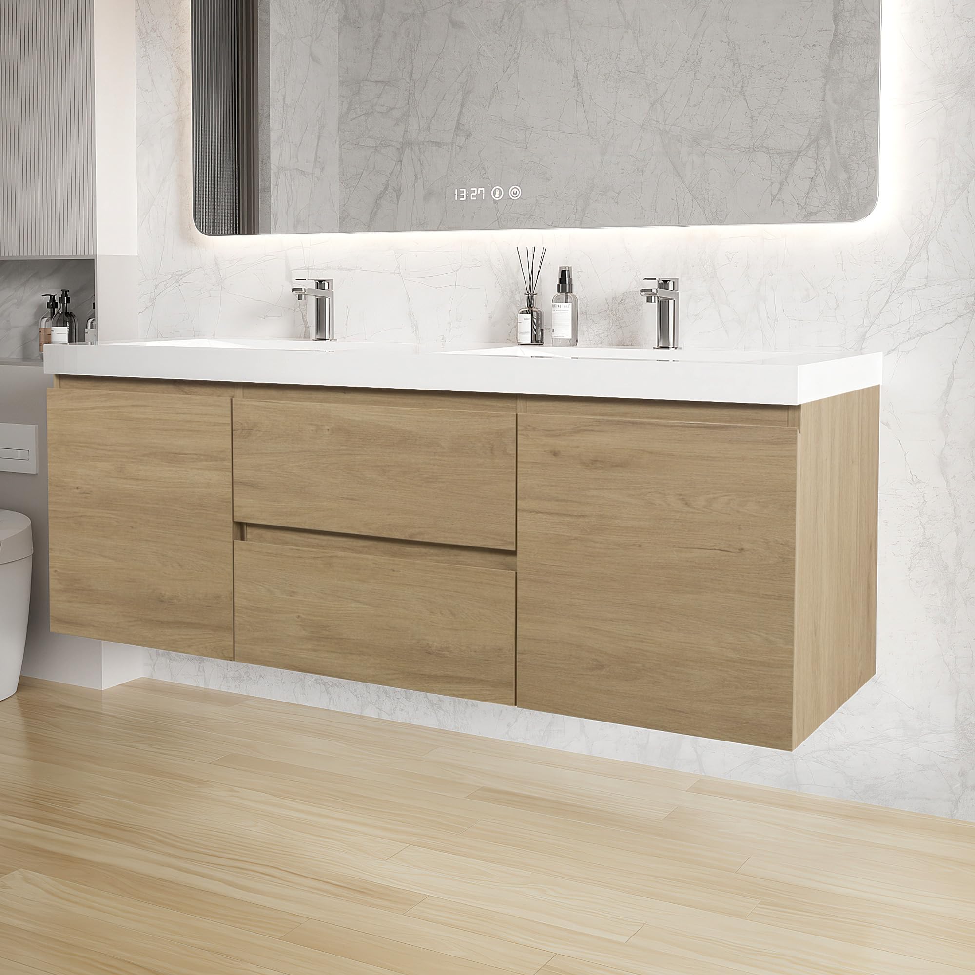 Floating Bathroom Vanity with Sink, Wall Mounted Floating Vanity with Soft Close Drawers, Large Storage Bathroom Vanity with One-Piece Smooth Sink, Fully Assembled