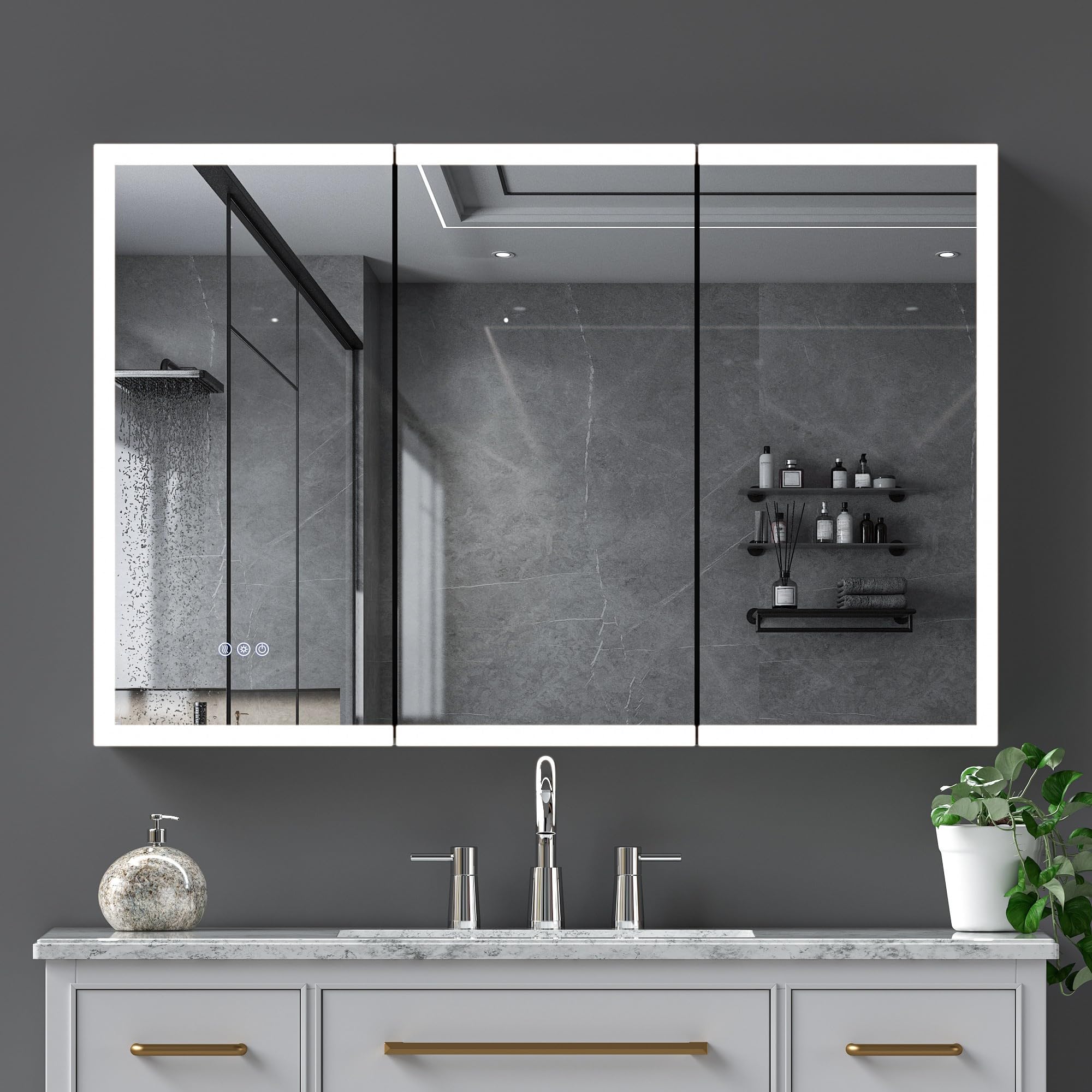 Lighted Medicine Cabinet with Mirror, Front & Backlit led Medicine Cabinet, Clock Temp Display, Defog,10x Magnifier, 3 Colors Temper Dimmable, Surface or Recessed Mount